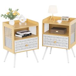 Nightstands Set of 2, End Table with Open Shelf, 2-Tier Night Stand with Adjustable Metal Floral Drawer, Night Stand for Bedroom Sofa Side Table, End 