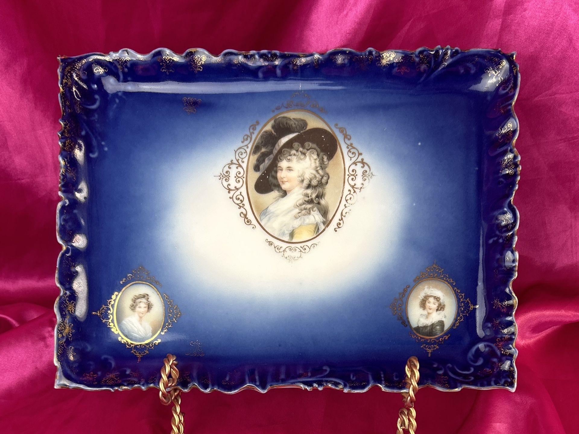 Antique Cobalt Flow Blue Portrait Dresser Tray w/ LeBrun & Duchess of Devonshire