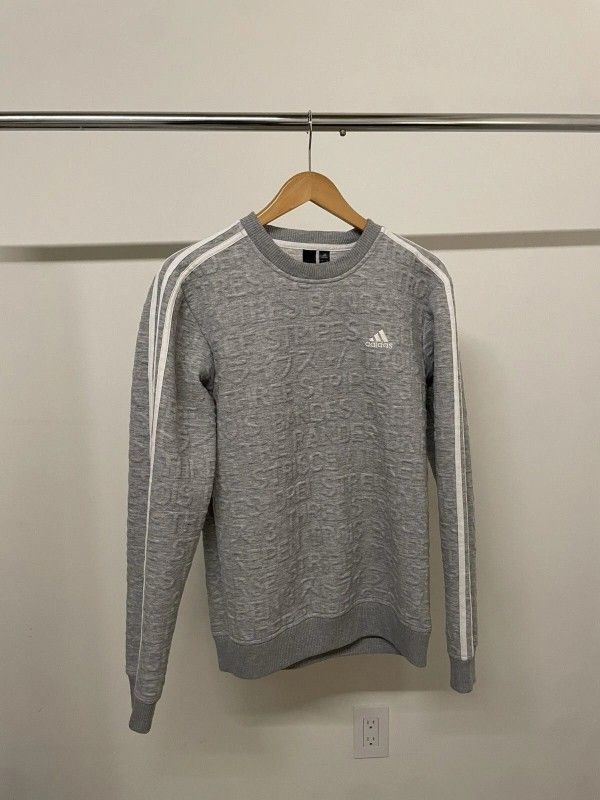 Adidas Monogram Crewneck – Size S – Grey Three‑Stripe Sleeve