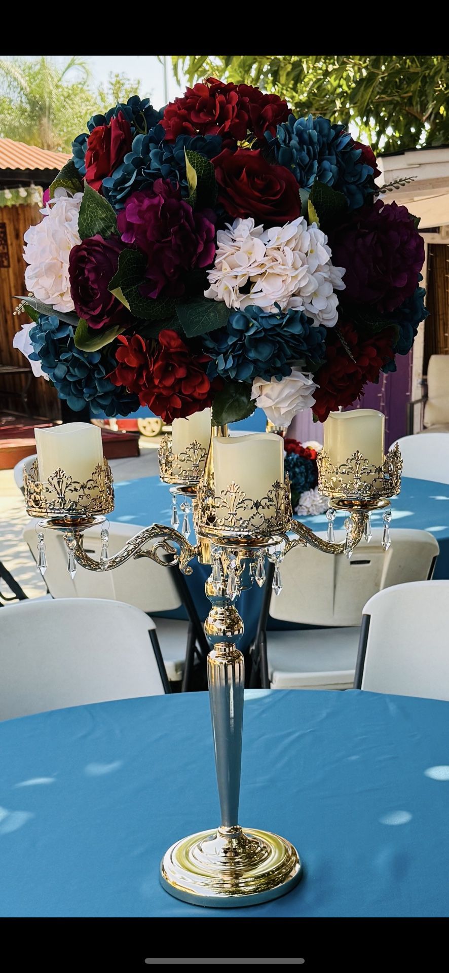 Gold Chandelier Centerpiece with Flowers and 4 candle holders.