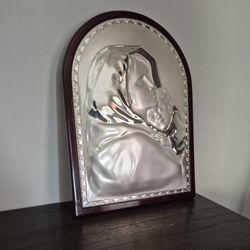 Mother and Child Silver on Wood Religious Icon 