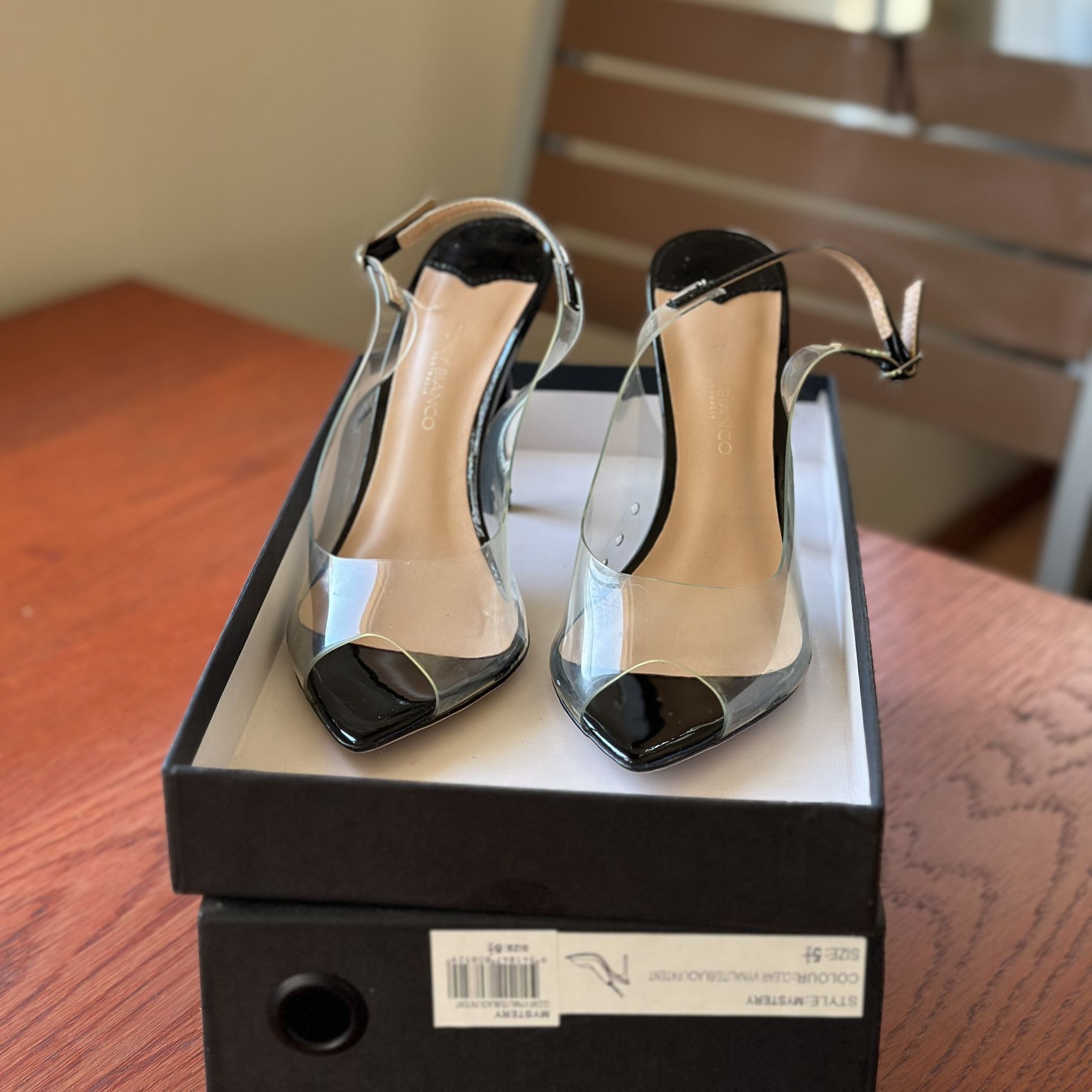 Tony Bianco - Mystery Clear Vynalite/Black Patent Heels