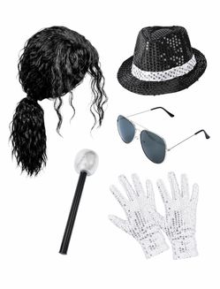 70S 80S Pop Star Costume Disco Outfits Include Wig Hat Sequins Gloves Sunglasses