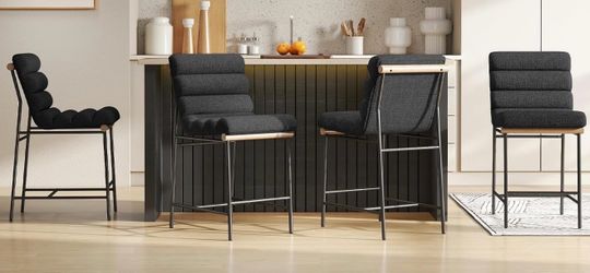 Bar Stools Set of 4, 25" Modern Linen Upholstered Counter Height Bar Stools with Back, Comfy Counter Stools with Black Metal Legs for Living Room Kitc