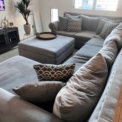 Velvet Gray Sectional W/ Ottoman 