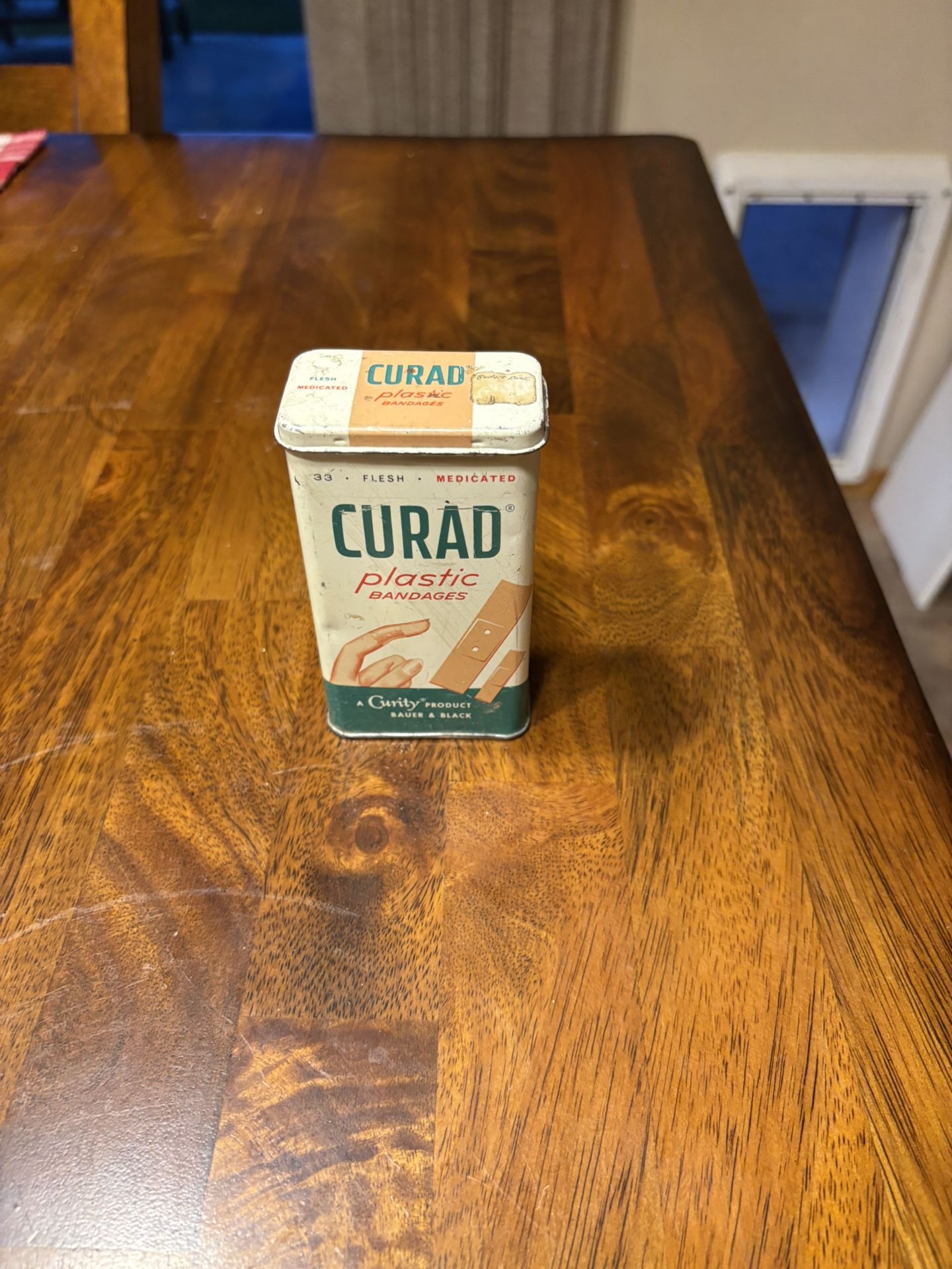 Vintage Curad Plastic Bandages Tin empty Kendall Company Hinged Metal Lid
