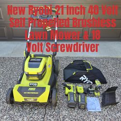 New Ryobi 21 Inch Self Propelled Cordless 40 Volt Brushless Lawn Mower  & Mulcher Two New 6ah Battery & Charger 18 Volt Screwdriver, Battery, & Charge