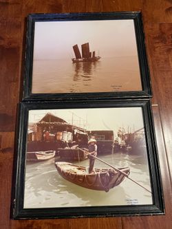 Vintage Carpenter China & Hong Kong Boat Photo Prints Pair Framed 15.5x12.5