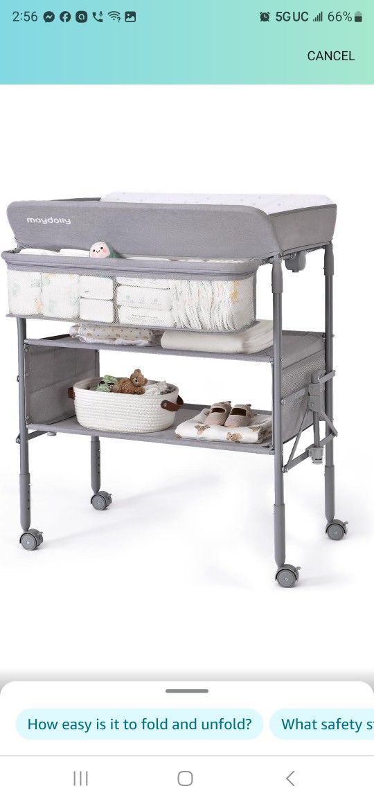 Baby Changing Table with Wheels, Maydolly Portable Adjustable Height Folding Diaper Station with Nursery Organizer & Storage Rack for Newborn Baby and
