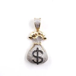 10K Yellow Gold Iced Out Money Bag Pendant with Black & White Diamonds (0.5 CTW)