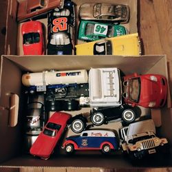 Box Of Diecast Cars And Trucks. 
