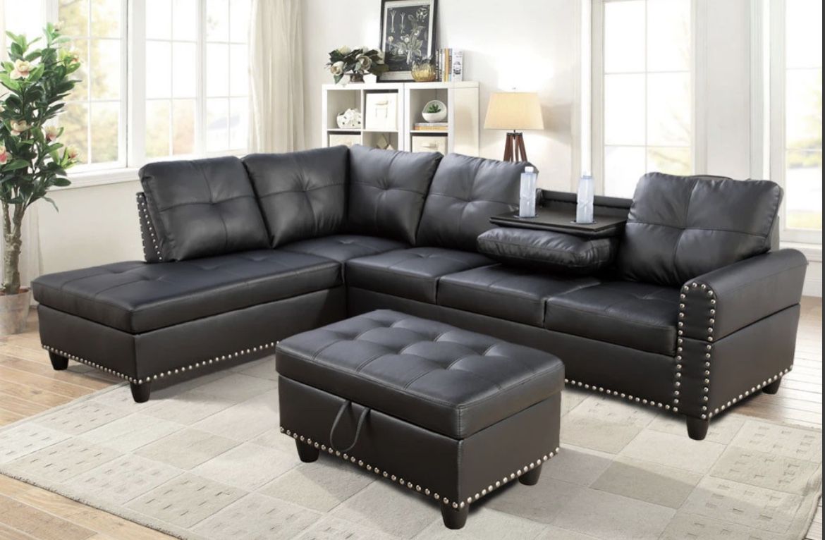 New Black Leather Sectional Sofa Couch With Storage Ottoman And Pillows New In Packaging 