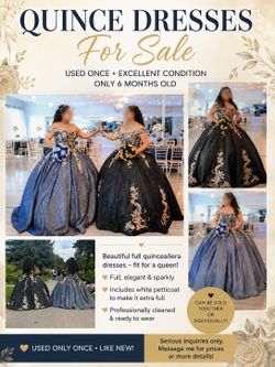 Quinceañera Dresses- Blue & Black with Gold Embroidery, Full Petticoat, Excellent Condition