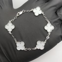Solid 925 Sterling Silver White Clover Bracelet 7in