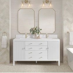 James Martin Vanities
Myrrin 60.0 in. W x 23.5 in. D x 34.06 in. H Double Sink Bathroom Vanity in Bright White with White Zeus Quartz Top