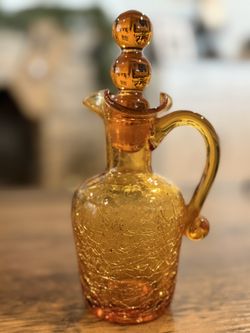 Vintage Amber Crackle Glass Cruet with Double Ball Stopper
