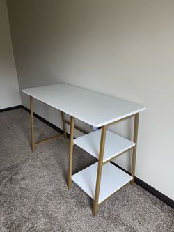 White and Gold Desk with Side Shelves