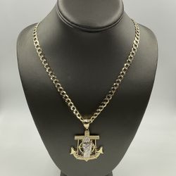 14KT YELLOW GOLD 24” DIAMOND CUT CURB LINK CHAIN 27.8GR W/ 14KT YELLOW GOLD JESUS ANCHOR CHARM 10.3GR 