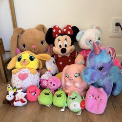 15 plushies including Minnie Mouse, Squishmallows, unicorns, bunnies and more