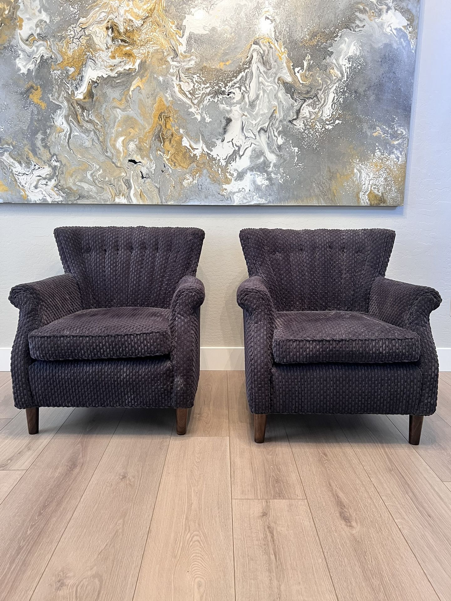Gorgeous Pair Of Mid Century Modern Blue Gray Tufted Corduroy Velvet Accent Chairs