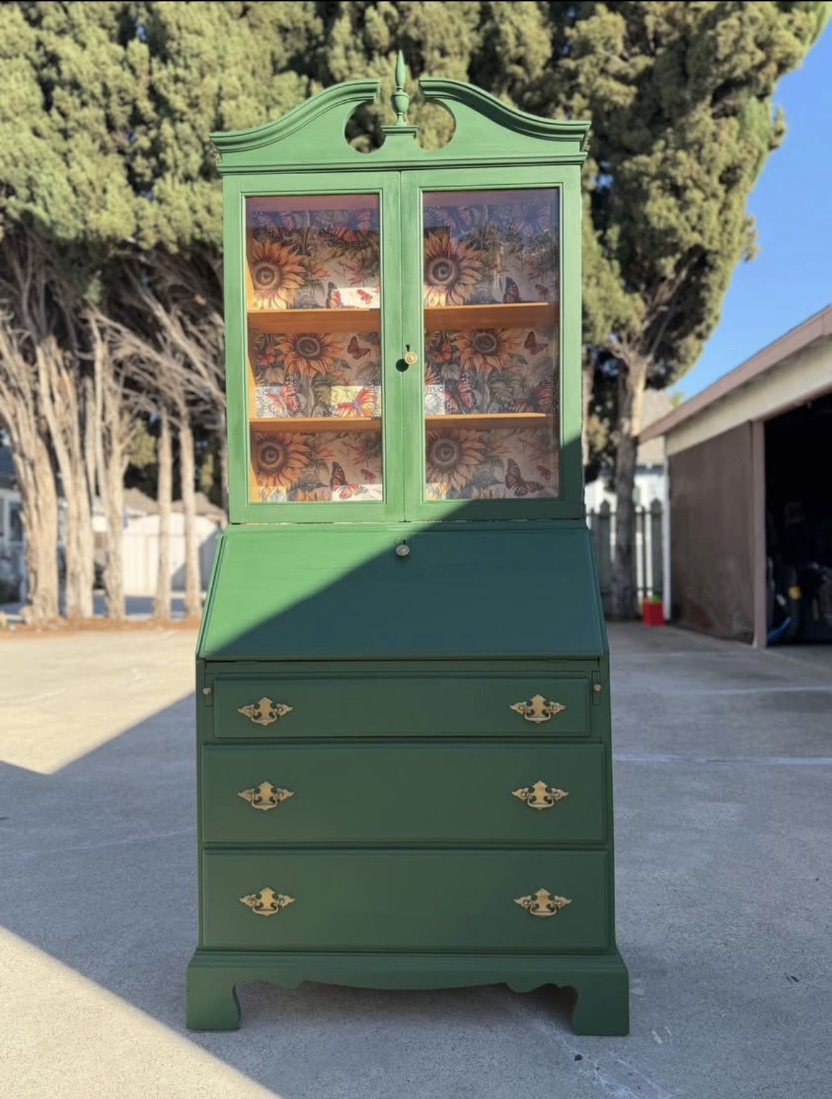 Vintage Solid Wood Secretary Desk Hutch with Sunflowers