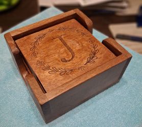 Monogram J Wooden Coaster Set with Holder