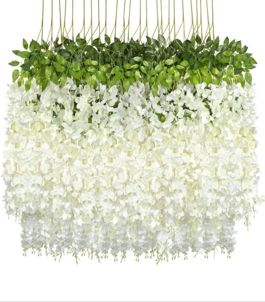 Wisteria Hanging Flowers 24 Pack Fake Flower Garland Artificial Wisteria Vines Rattan Silk Flower String Wedding Party Wall Decorations,White