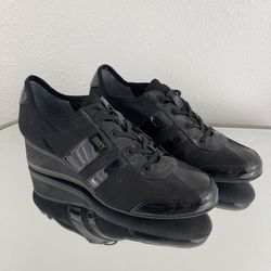 DKNY Y2K Black Patent Leather Raina Sport Low Wedge Heel Causal Lace Up Sneakers