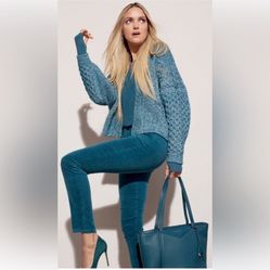 Cabi Astral Chunky knit boho boxy open front cardigan sweater blue turquoise