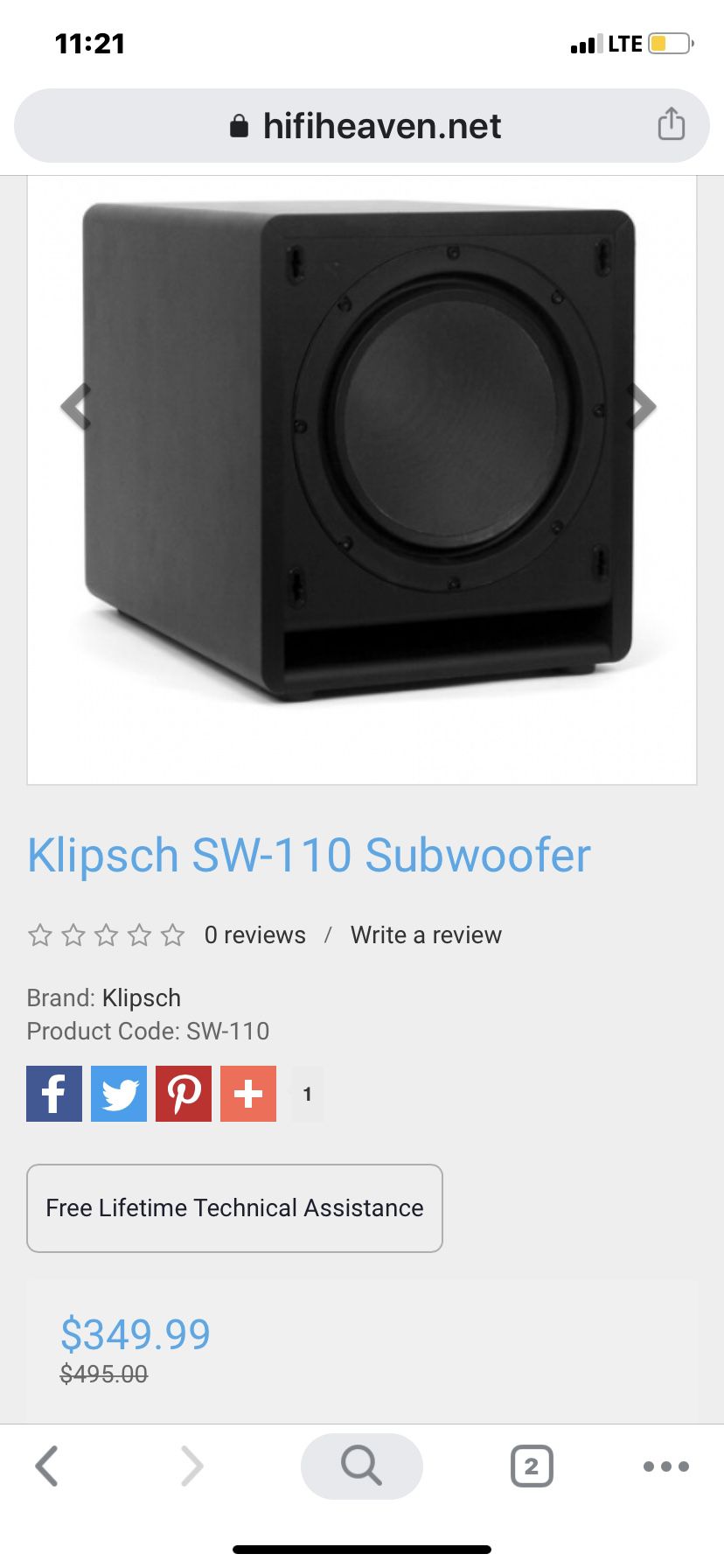 Klipsch sw-110 subwoofer speaker top of the line 450 watts