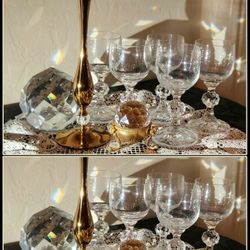 X9 VINTAGE GENUINE AUTHENTIC SWAROVSKI CLAUDIA PATTERN WINE GLASS CUP BRASS FLOWER VASE TABLE PAPER WEIGHT DECOR SET