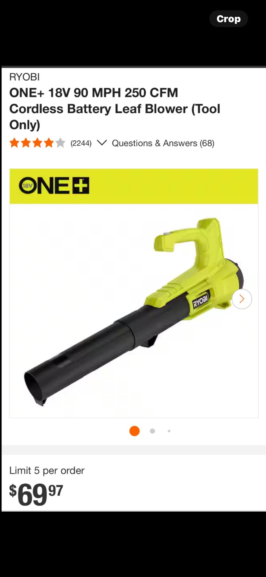 RYOBI ONE+ 18V 90 MPH 250 CFM Cordless Battery Leaf Blower (Tool Only)