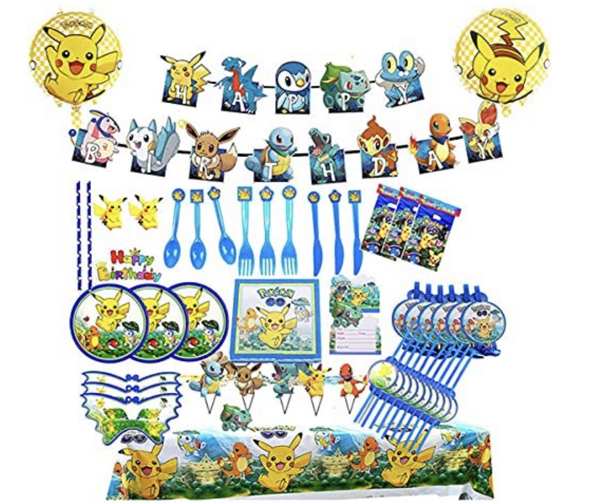 141 Pcs Pikachu Birthday Party Supplies Pokemons Theme Party Decoration for Kids Boys and Girls Includes Cake Decorations Plates Table Cloth