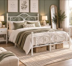 Queen bed Platform Bed Frame, Butterfly Pattern Design, White
Wrought Iron-Art Headboard & Footboard, Under Bed Storage, No Box Spring Needed, Easy As