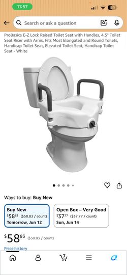 ProBasics E-Z Lock Raised Toilet Seat with Handles, 4.5" Toilet Seat Riser with Arms, Fits Most Elongated and Round Toilets, Handicap Toilet Seat, Ele
