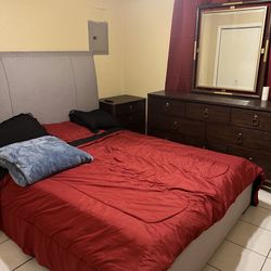 Bed Frame with Queen Mattress, Mirror Dresser And Nightstand Dresser