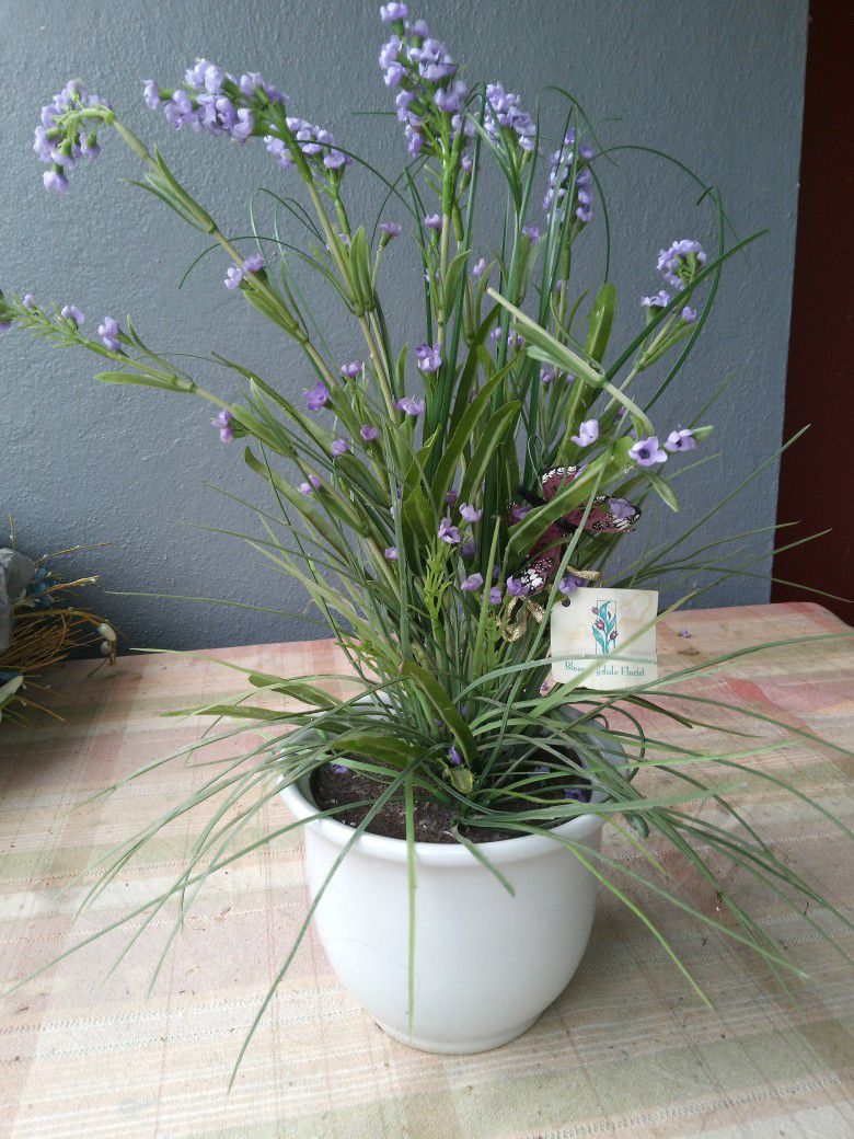 Fake Plant With Purple Flowers White Flower Pot 17 In Tall