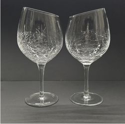 Set Of 2 Pier 1 Angled Rim Crackled Red Wine Goblets DISCONTINUED  Blown Glass