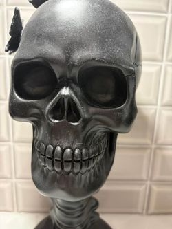 Halloween black goth skull head w butterflies decoration