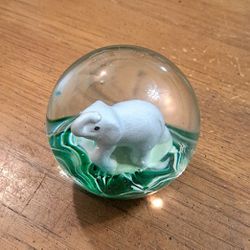 Gorgeous Baby White Elephant W/Trunk Up Solid Glass Globe Paperweight W/Green & White Swirl