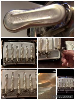 Vintage Handpainted Blown Glass Candles Ornaments w/Brass Clip on Holders -Made in Italy.    3 boxes of 6 Frosted w/Glitter Spiraling Stripes   22 Can