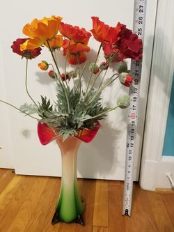 Vase; green, white, red, glass; w/ flowers-$20
