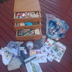 Random Assortment Sewing Supplies Antique 3 Drawer Storage Organizer Thread Needles Scissors Fabric