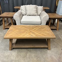 Solid Wood Coffee Table, 2 End Tables, Sofa Table and Chair