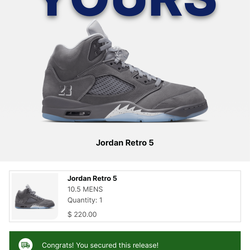Jordan 5 wolf grey size 10.5 320.00 DS no trades