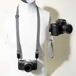 Grey Cotton Adjustable Camera Strap Combo Wrist & Neck w/ Peak Design Anchors