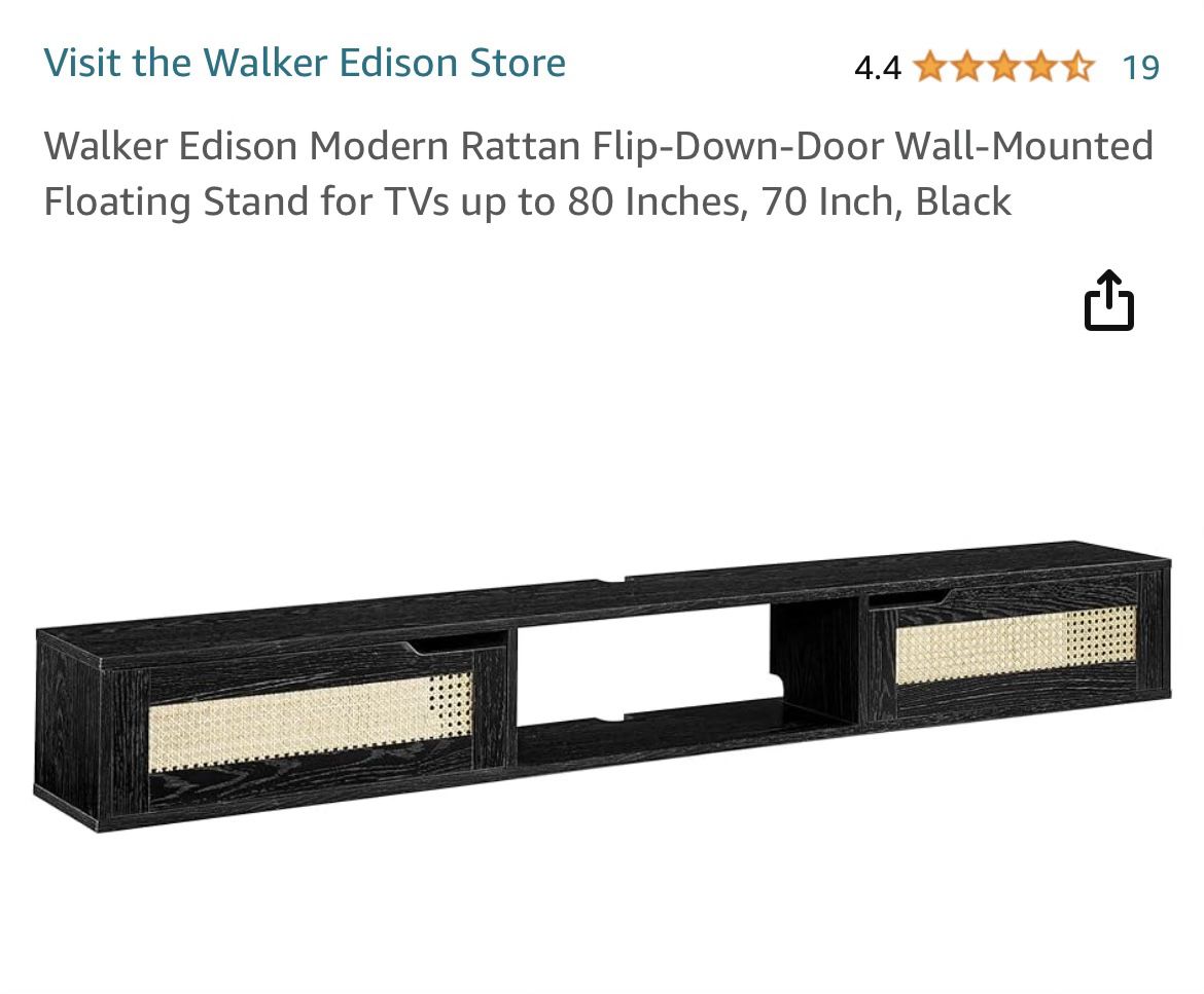 Walker Edison Modern Rattan Flip-Down-Door Wall-Mounted Floating Stand for TVs up to 80” NEW in Box 