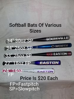 Softball Bats Of Various Sizes (Price Is $20 Each)