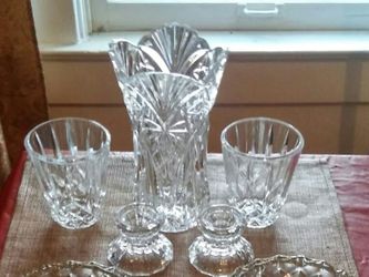 Crystal vase 2 crystal glasses and 2 crystal candle holders