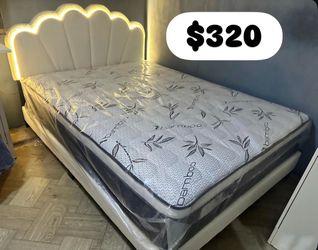 Bed with lighting and 12-inch-thick pillow-top mattress Queen sizes